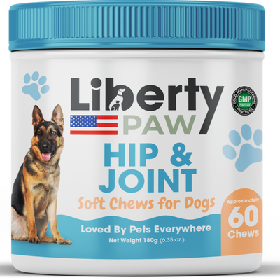 LibertyPaw Canine Hip and Joint soft chews jar with a German Shepherd on the label
