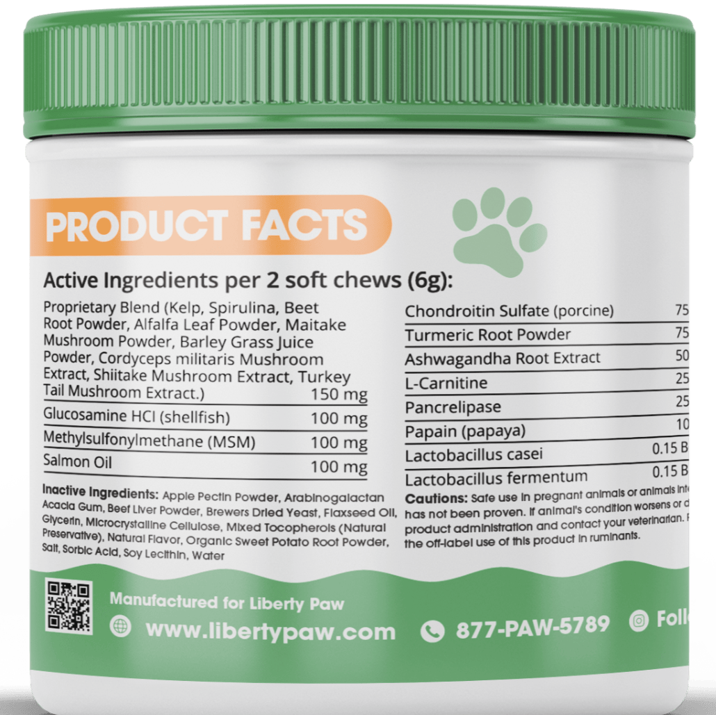 Product facts panel on the Canine Multi chews jar listing kelp blend, glucosamine and salmon oil