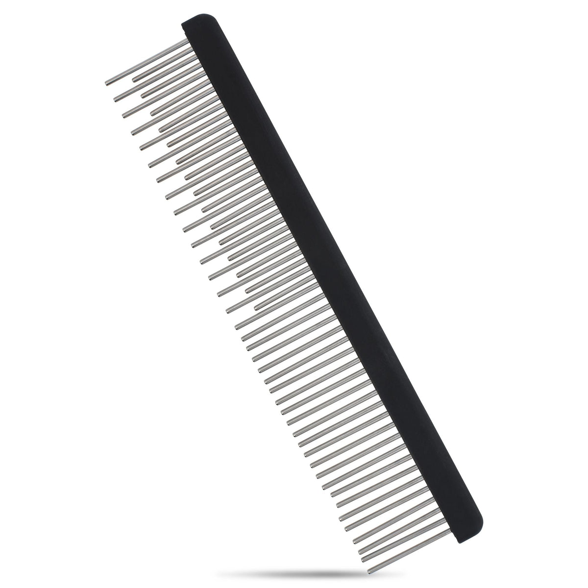 Black shedding comb with alternating long and short stainless steel teeth on white background