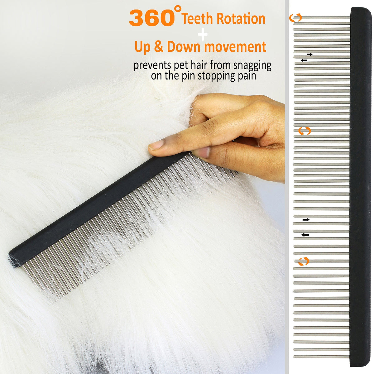 Hand combing white fur with a black comb, with callout on 360 degree teeth rotation and up and down movement