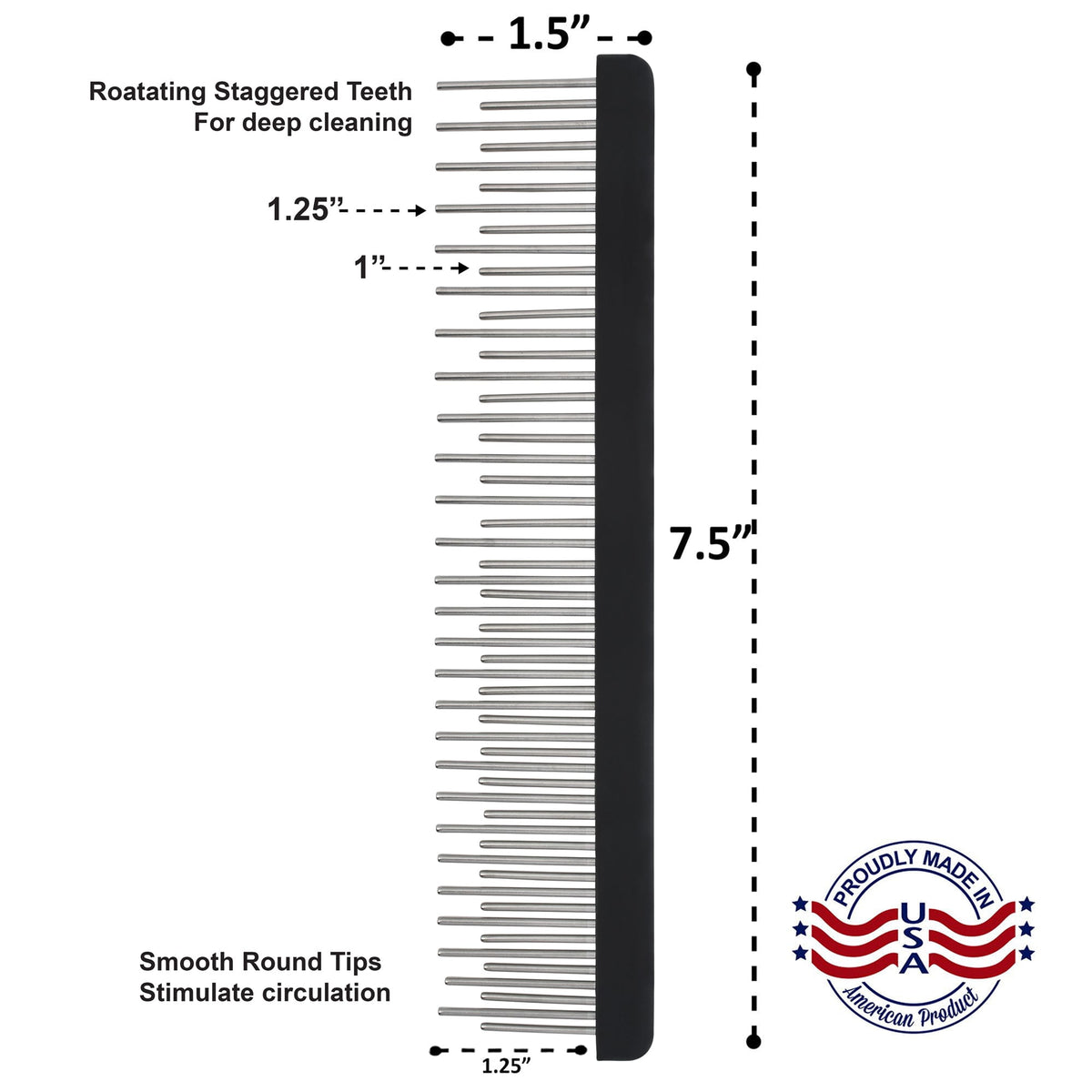 Black 7.5 inch staggered-tooth comb shown with dimension markings and rotating teeth callouts