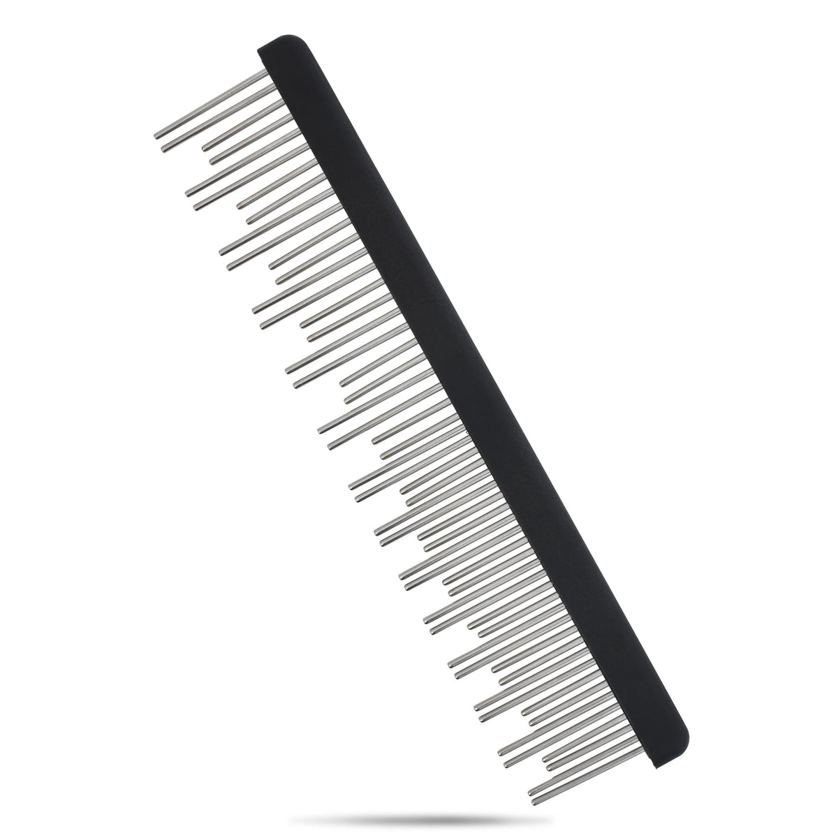 Black comb with staggered dual-length rotating steel teeth angled on white background