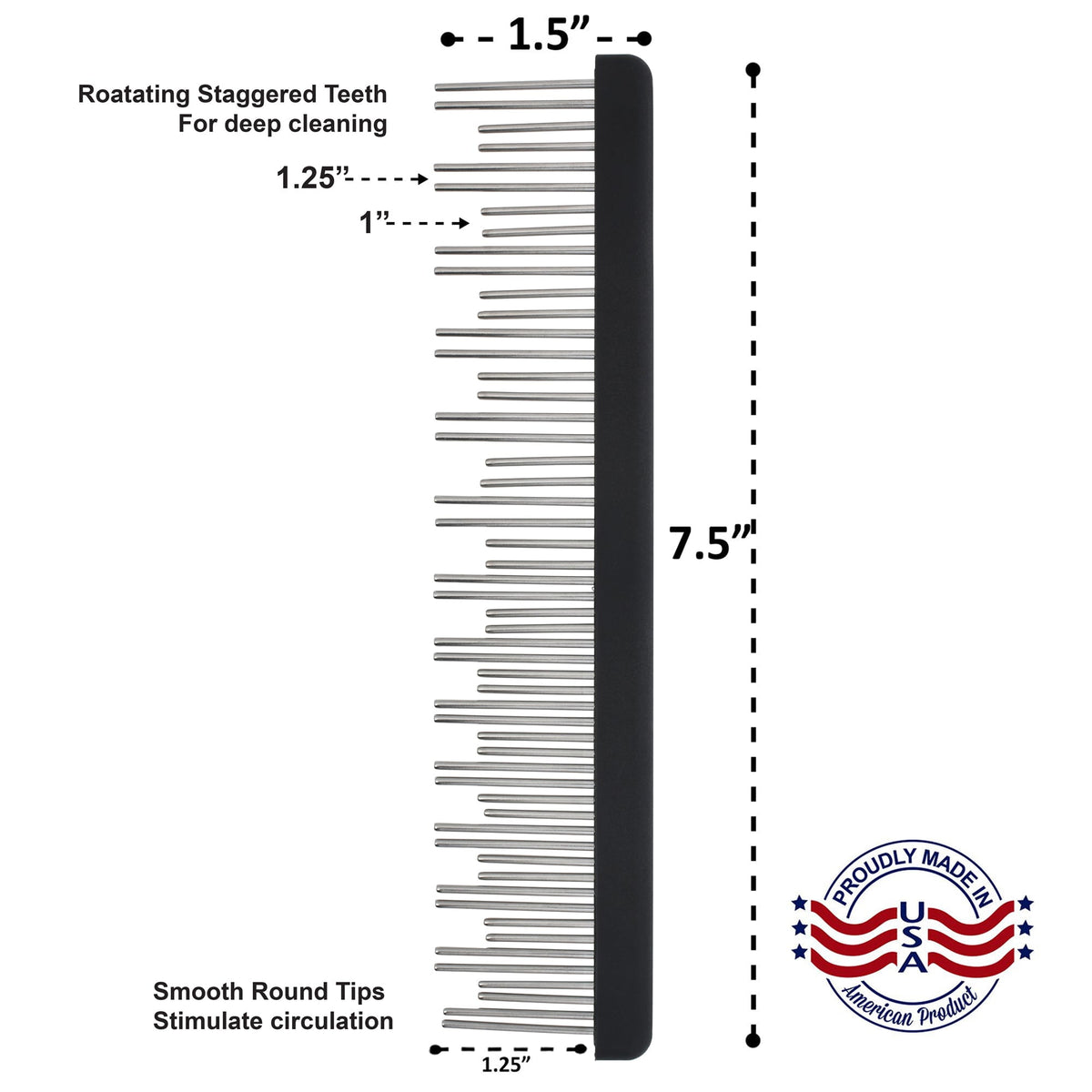Diagram of a black staggered-tooth comb noting rotating teeth for deep cleaning and smooth round tips