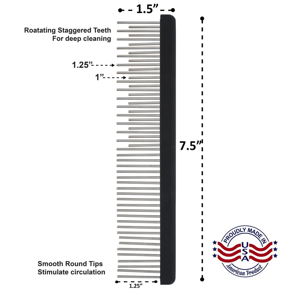 Black 7.5 inch comb diagram showing staggered 1.25 inch and 1 inch rotating teeth with smooth round tips