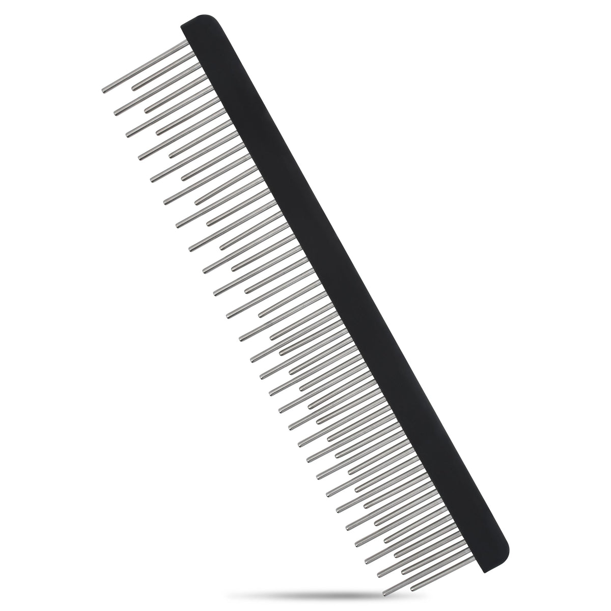 Angled view of a black comb with staggered long and short rotating steel teeth