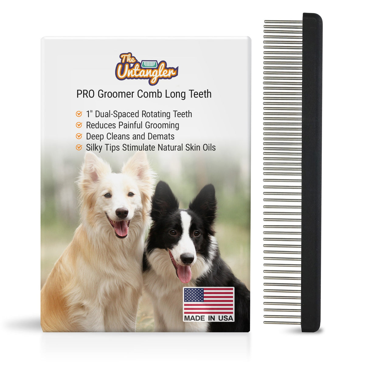 Untangler PRO Groomer Comb with 1-inch dual-spaced rotating teeth, shown with its box