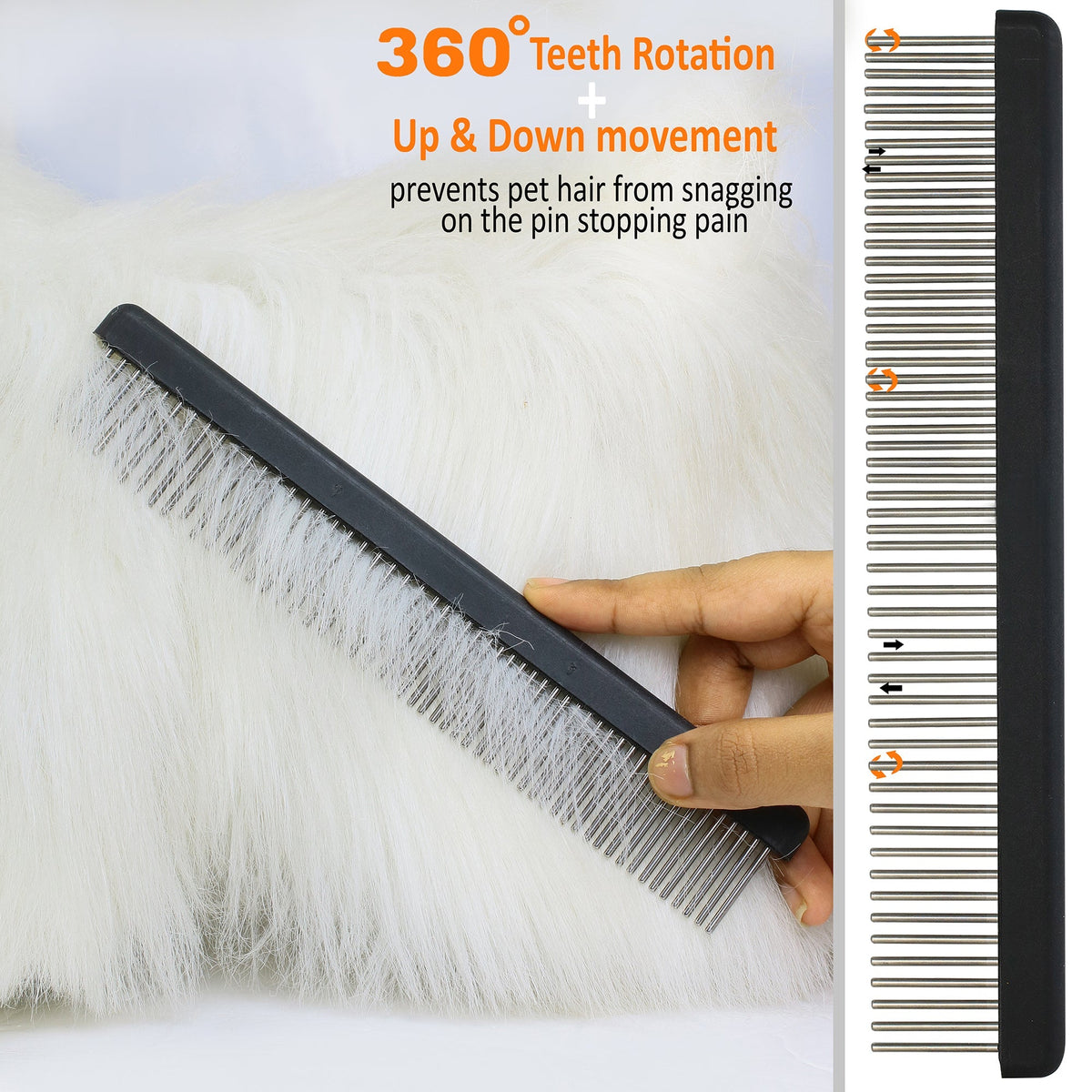 Professional Groomer Comb gliding through a thick white coat, showing 360-degree rotating teeth