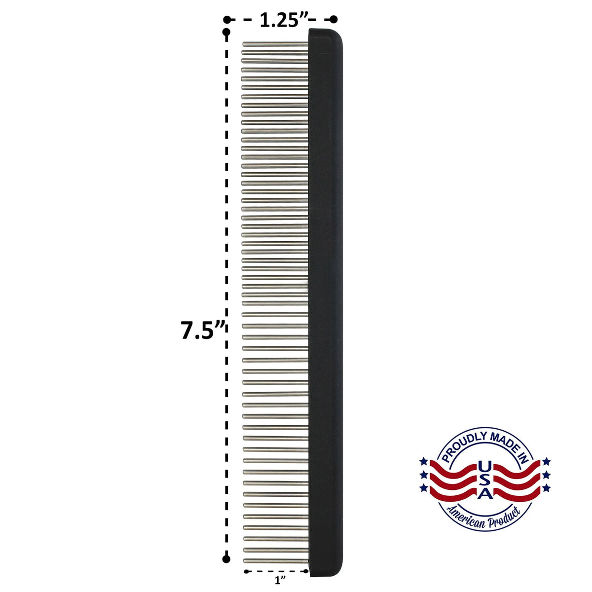 Untangler Professional Groomer Comb dimensions: 7.5 inches long, 1.25 inches wide, 1-inch rotating pins