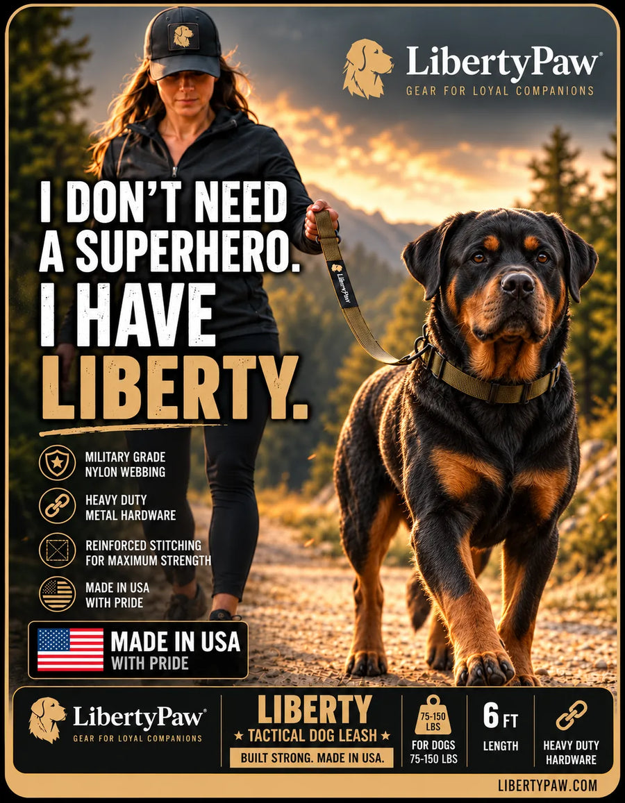 Woman walking a Rottweiler on the LibertyPaw Liberty Tactical Leash on a mountain trail at sunset