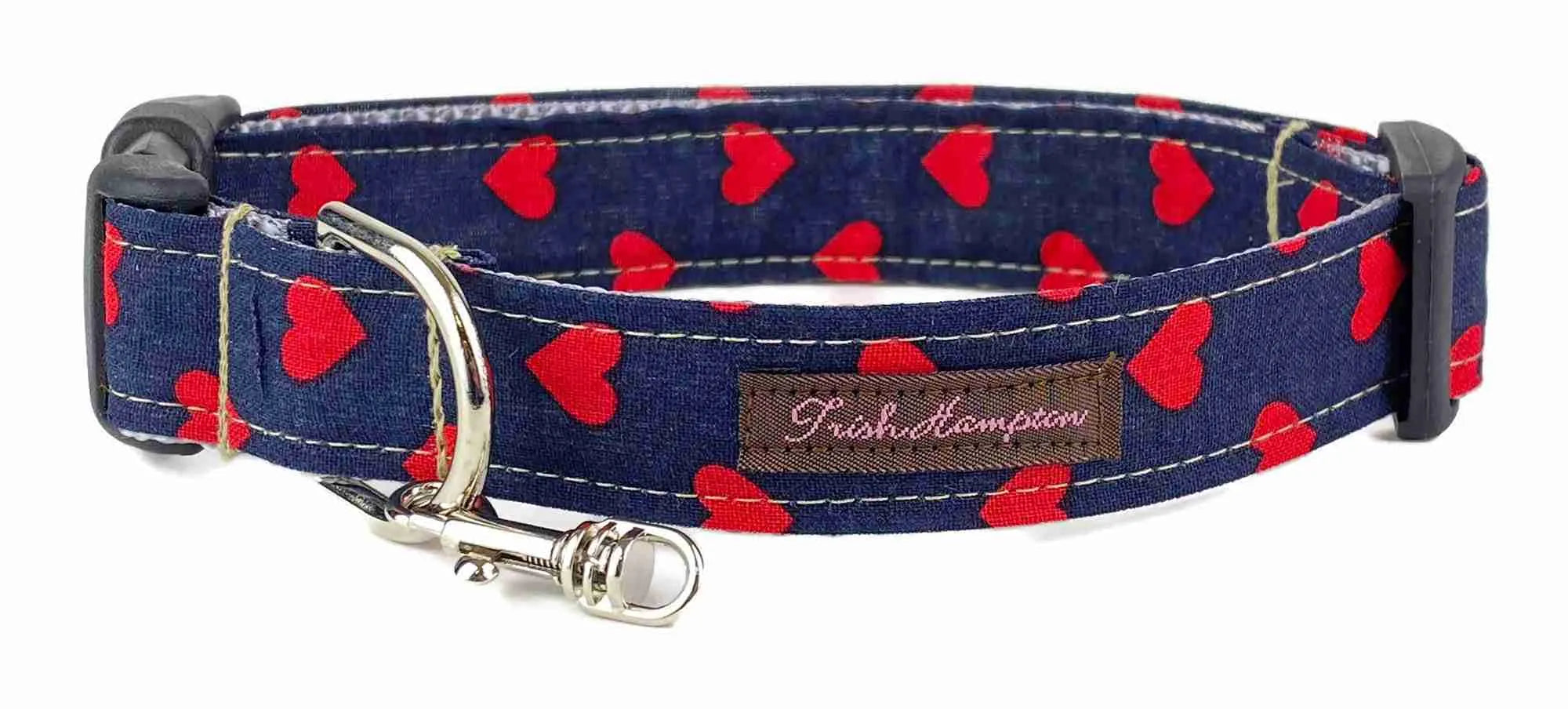 Midnight Red Hearts Dog Collar with navy base and red heart design