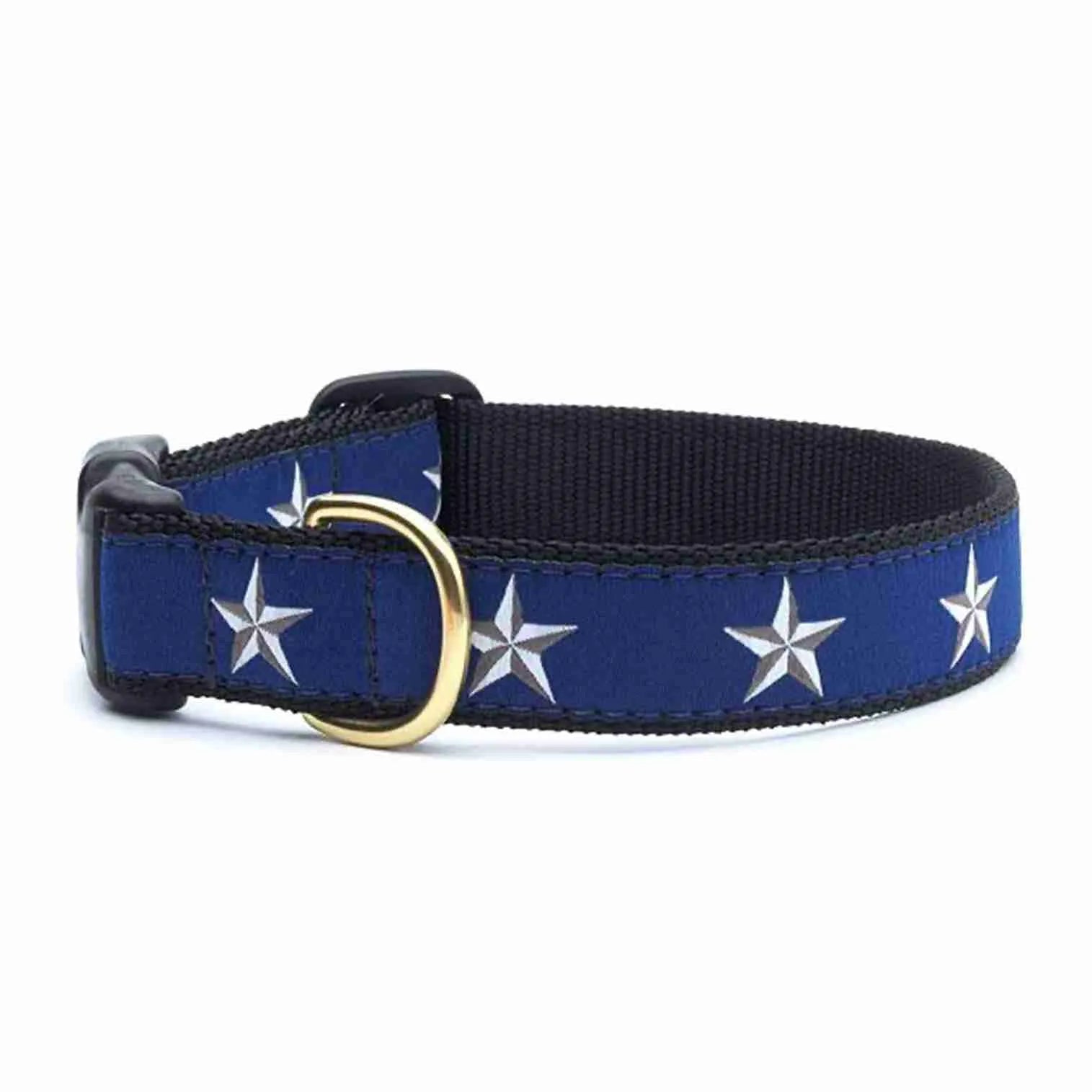 Close-up of Liberty Paw North Star Dog Collar with navy blue star design