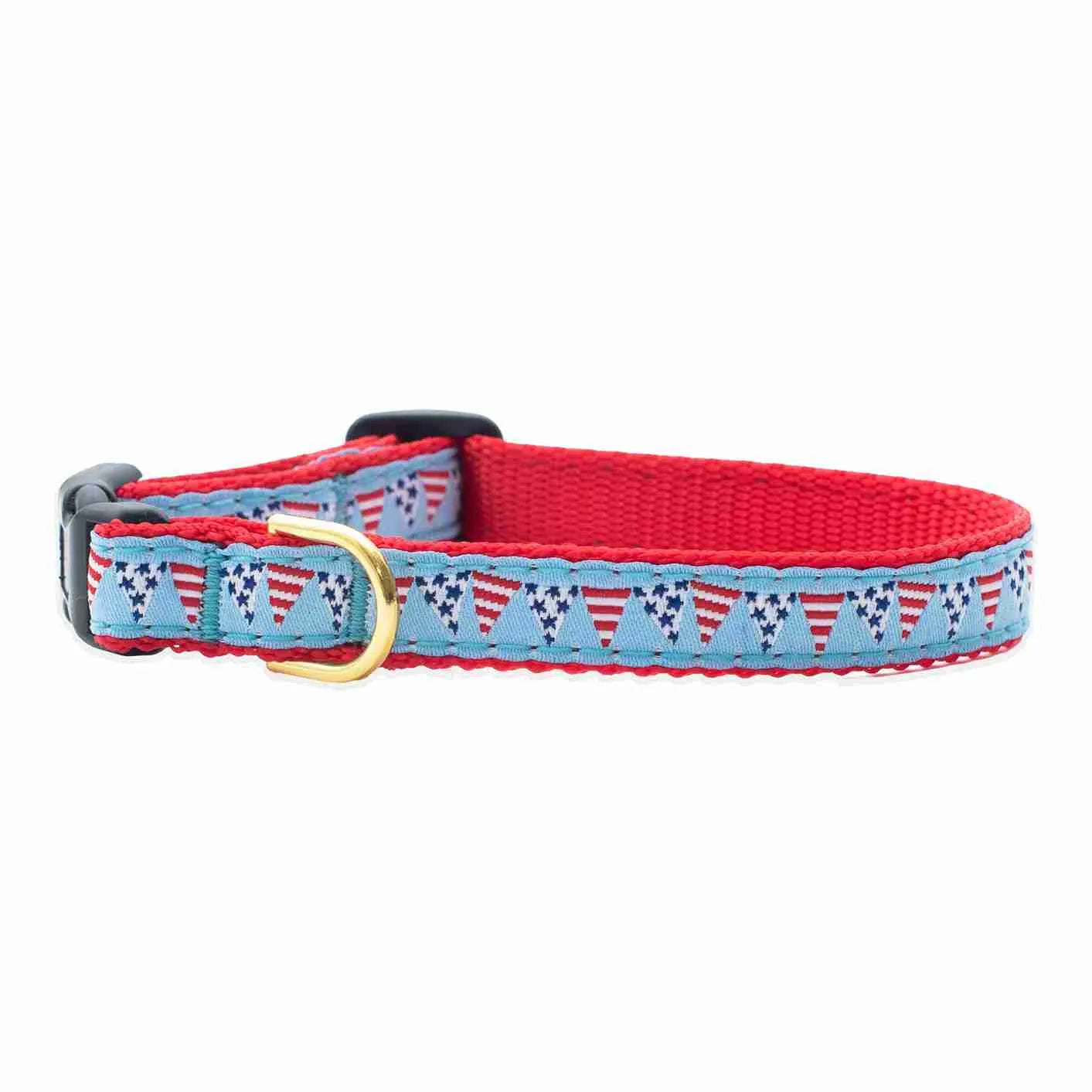 Liberty Paw Party in the USA Small Breed Dog Collar with red, white, and blue bunting design