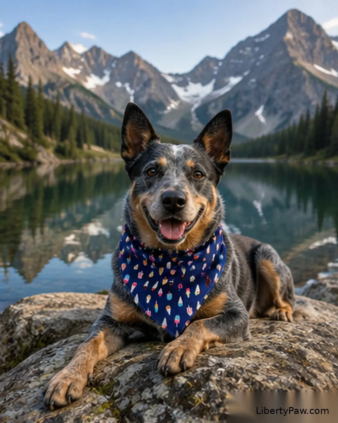Australian Cattle Dog wearing a navy popsicle and ice cream print dog bandana by an alpine lake