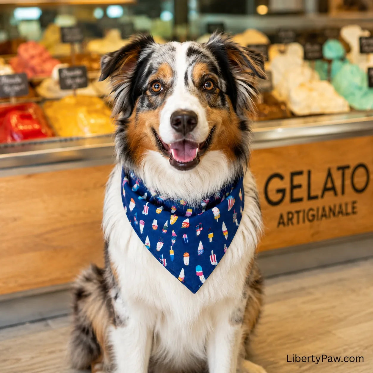 Australian Shepherd wearing a navy popsicle and ice cream print dog bandana outside a gelato shop