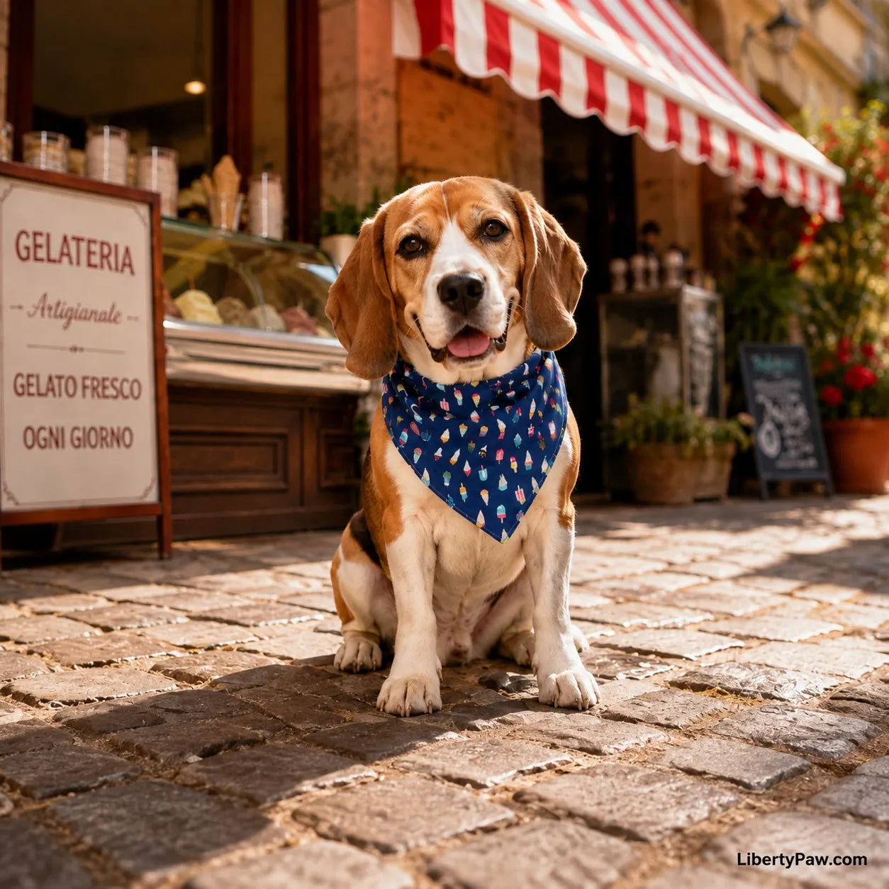 Beagle wearing a navy popsicle and ice cream print dog bandana outside an Italian gelateria