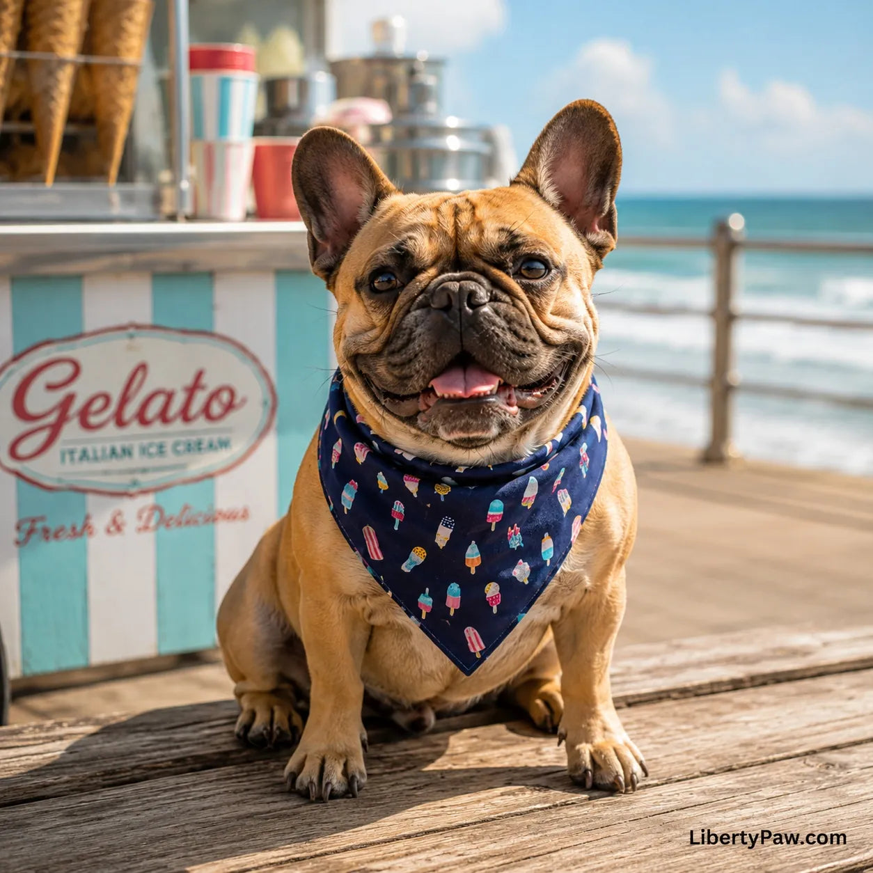 French Bulldog wearing a navy popsicle and ice cream print dog bandana by a seaside gelato cart