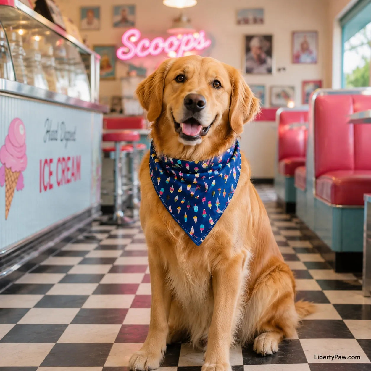 Golden Retriever wearing a navy popsicle and ice cream print dog bandana at a retro ice cream parlor