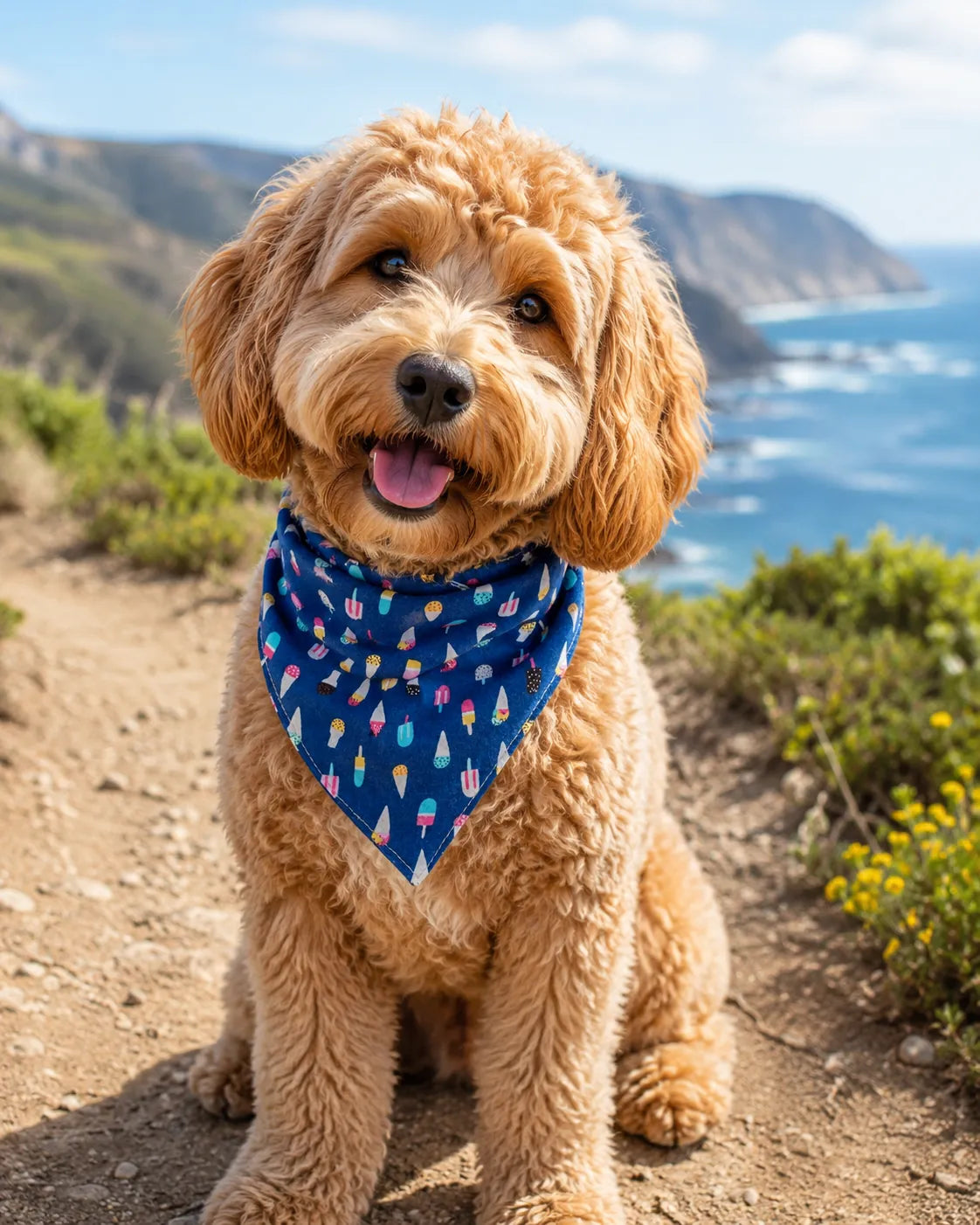 Goldendoodle wearing a navy popsicle and ice cream print dog bandana on a coastal cliff trail