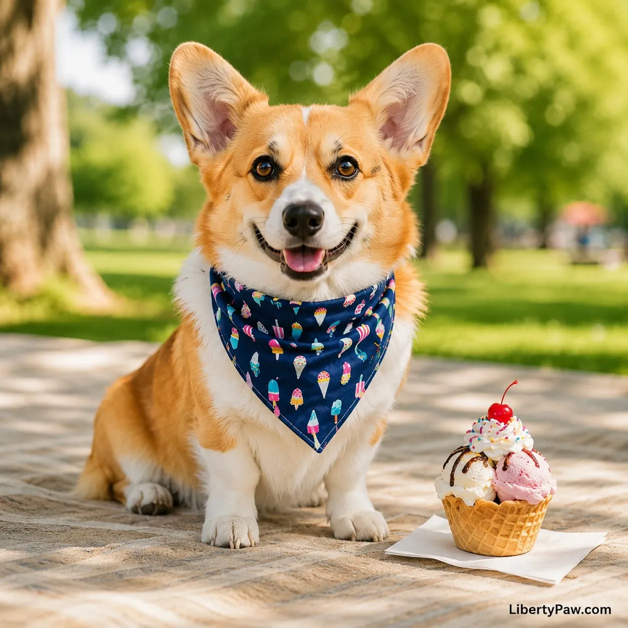 Pembroke Welsh Corgi wearing a navy popsicle and ice cream print dog bandana at a park picnic