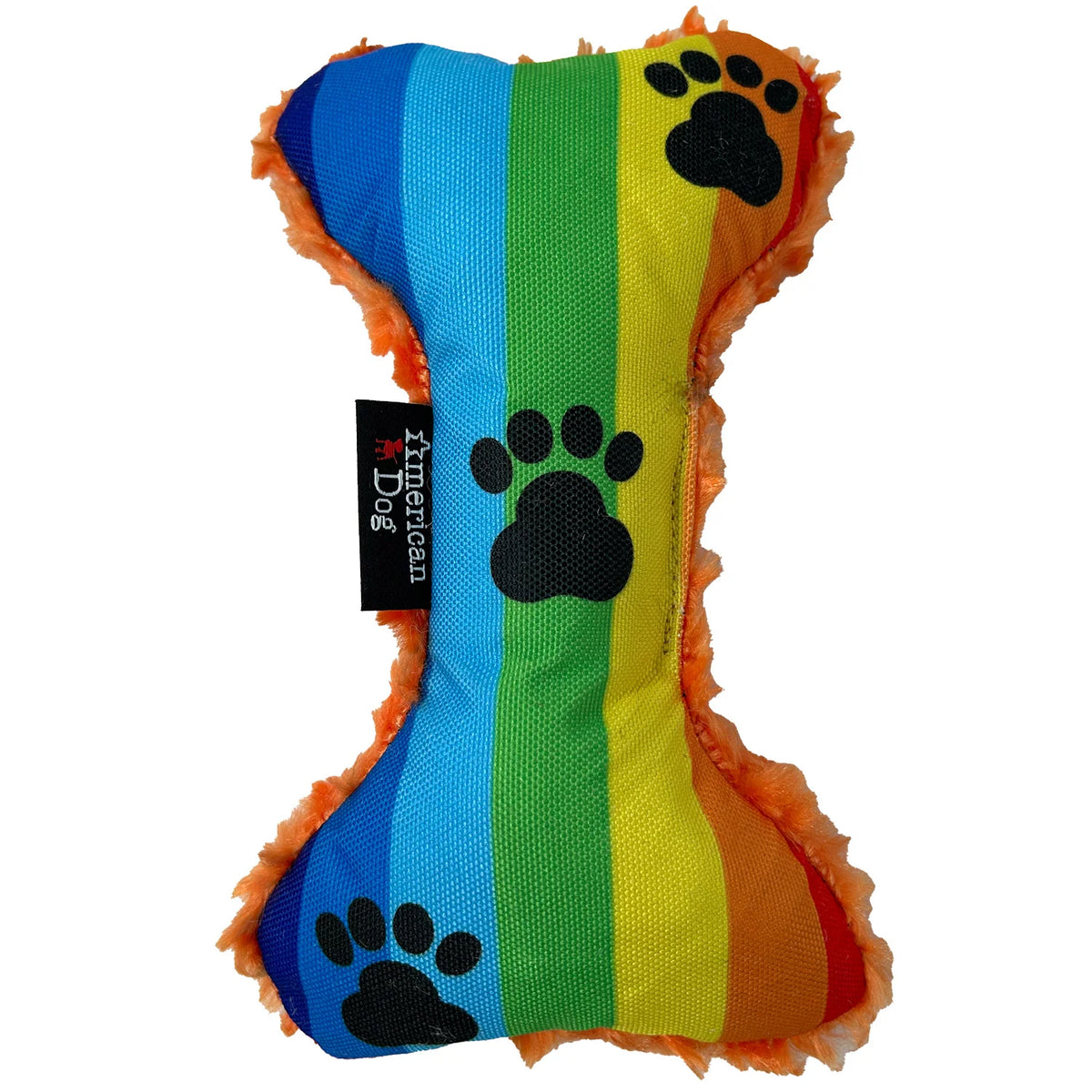 Rainbow bone-shaped dog toy with black paw prints, a nylon front, and orange fleece edging