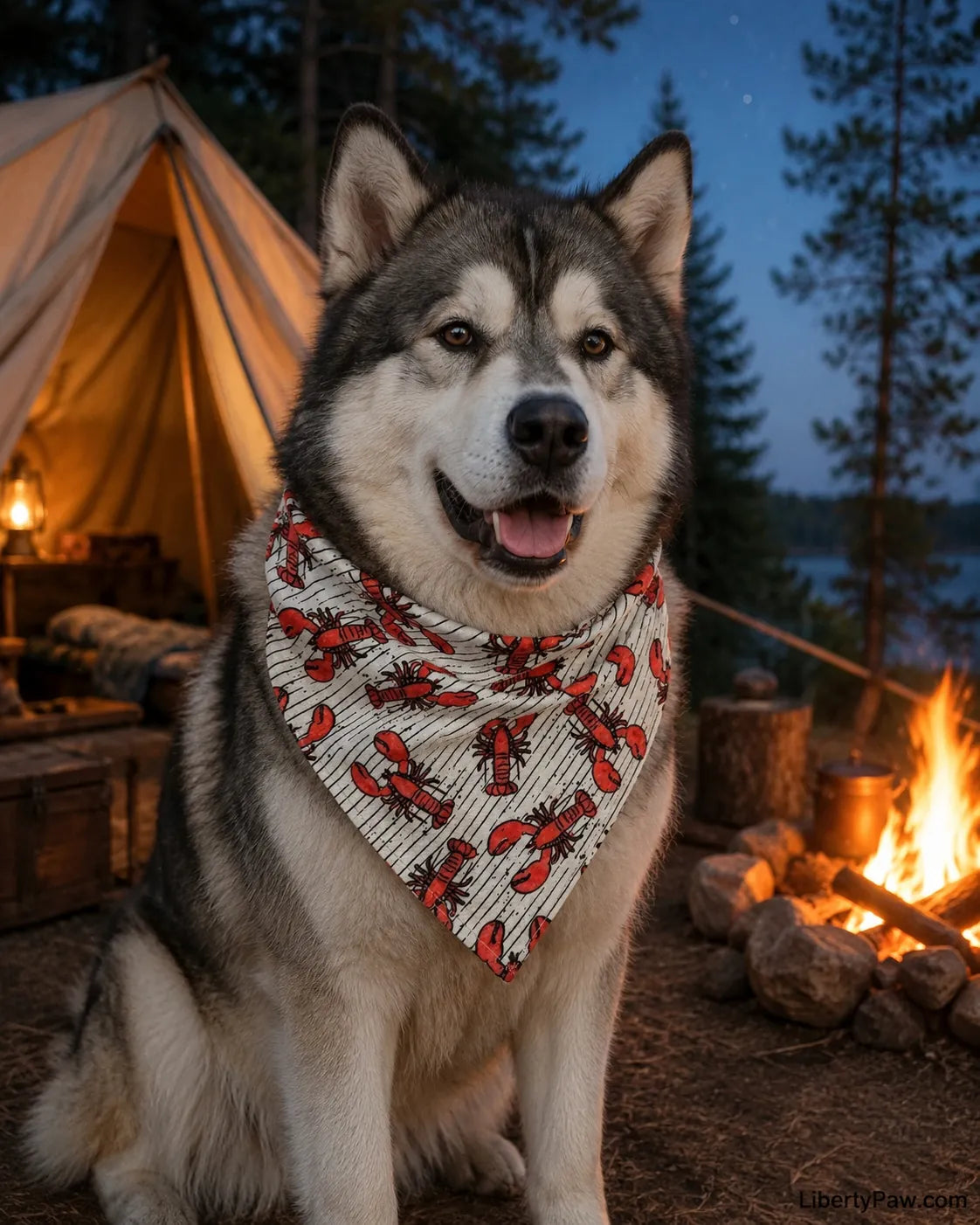 Alaskan Malamute wearing a white pinstripe red lobster print dog bandana at a lakeside campfire