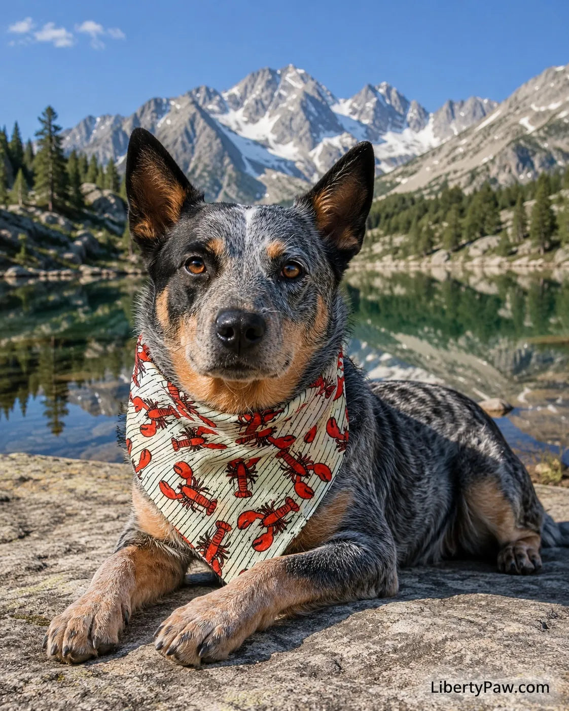 Australian Cattle Dog wearing a white pinstripe red lobster print dog bandana by an alpine lake