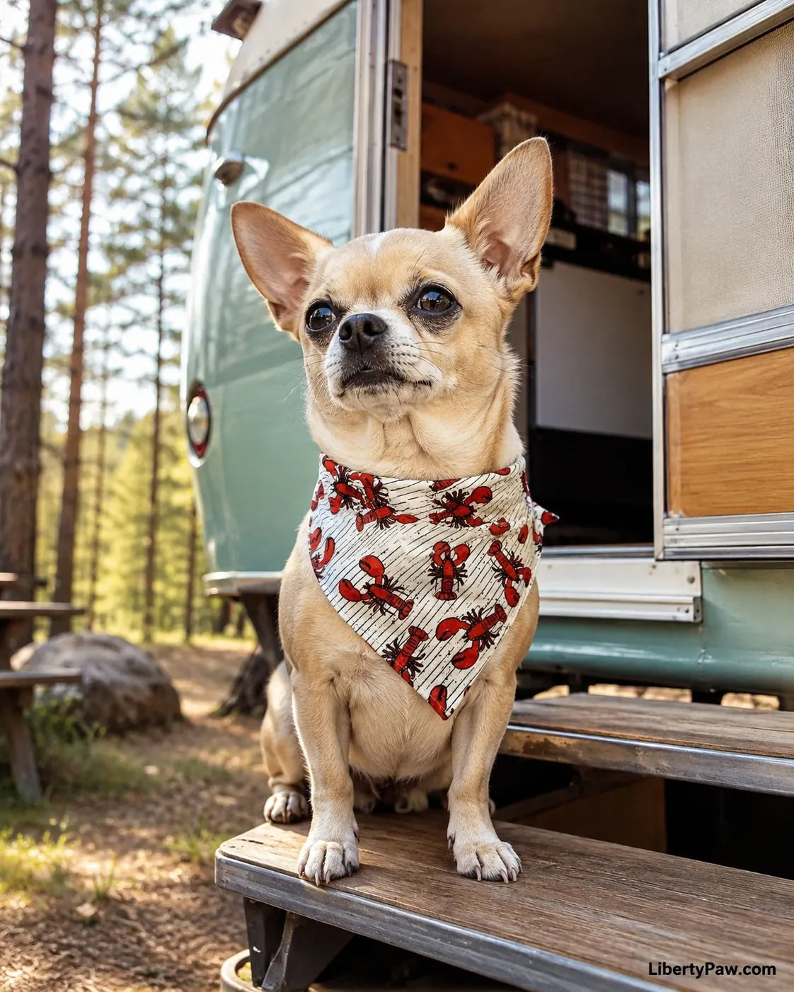 Chihuahua wearing a white pinstripe red lobster print dog bandana beside a vintage camper