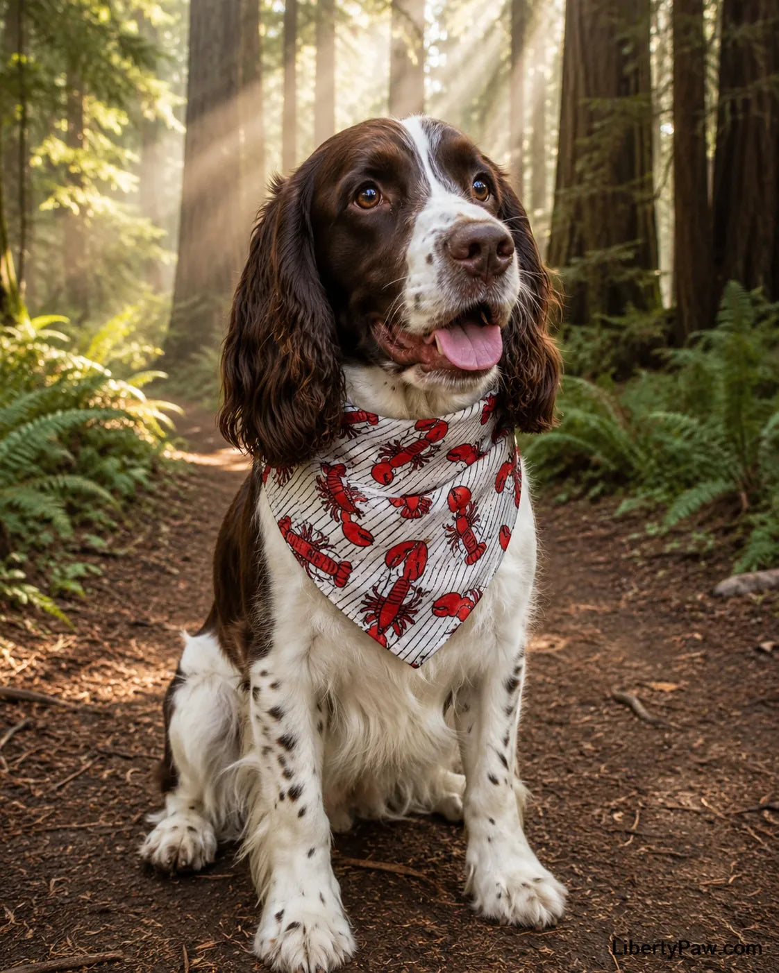 English Springer Spaniel wearing a white pinstripe red lobster print dog bandana on a redwood trail