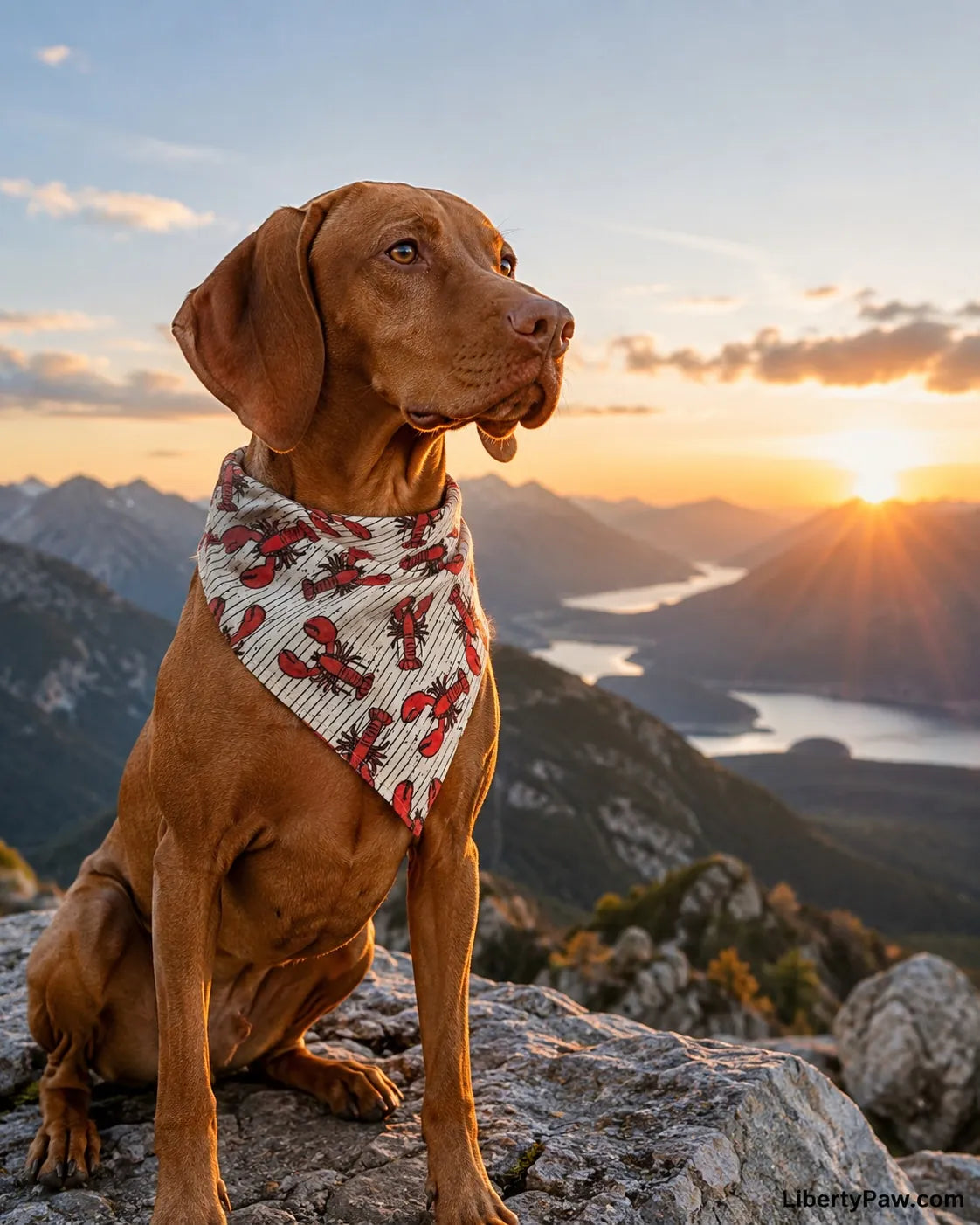 Vizsla wearing a white pinstripe red lobster print dog bandana at a mountain summit sunrise