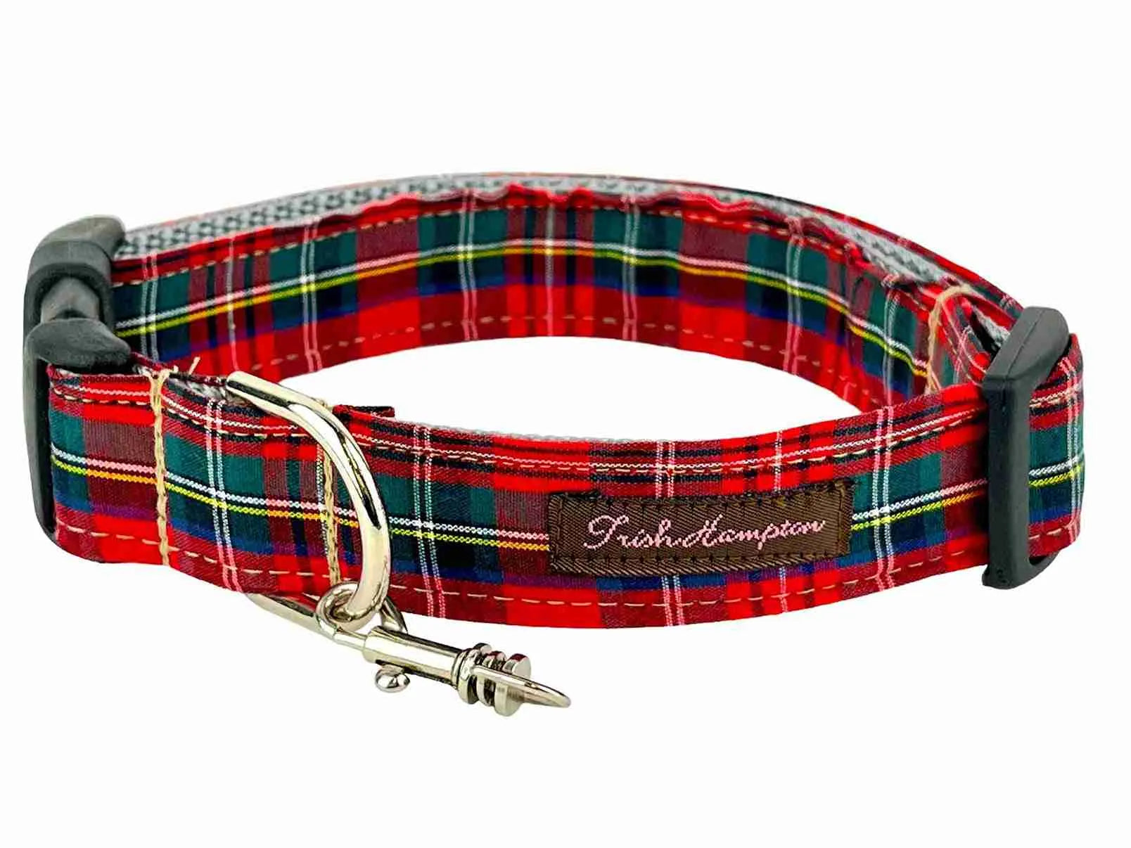 Close-up of Red Tartan Plaid adjustable dog collar