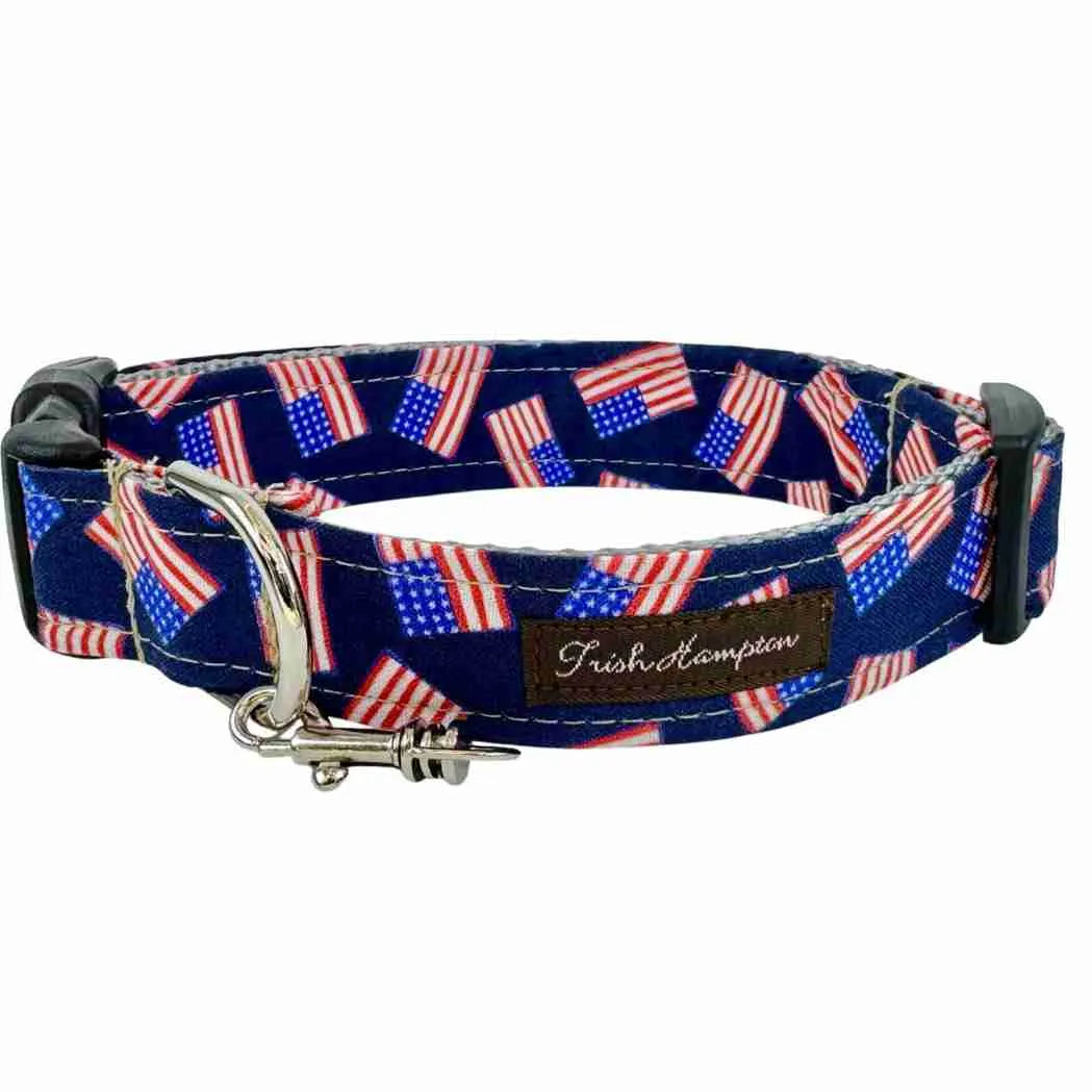 American Flag dog collar in navy with small US flag print, buckle and silver clasp