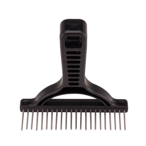 Black grooming rake with a wide row of long rotating steel teeth on white background