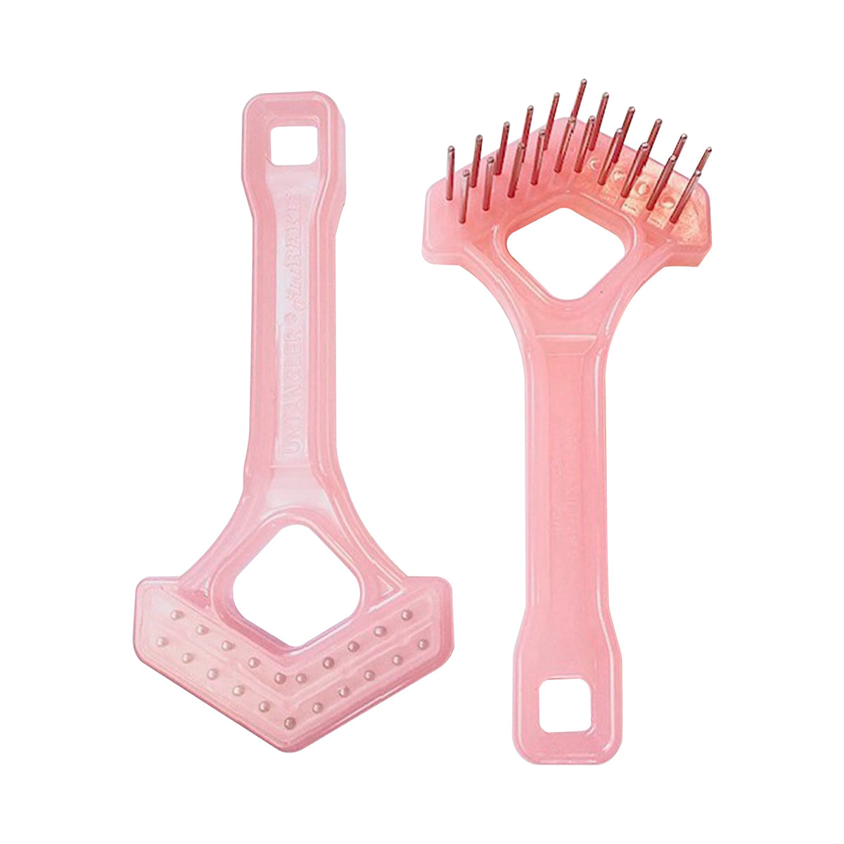 Front and back views of a pink mini V-shape rake with rotating pins
