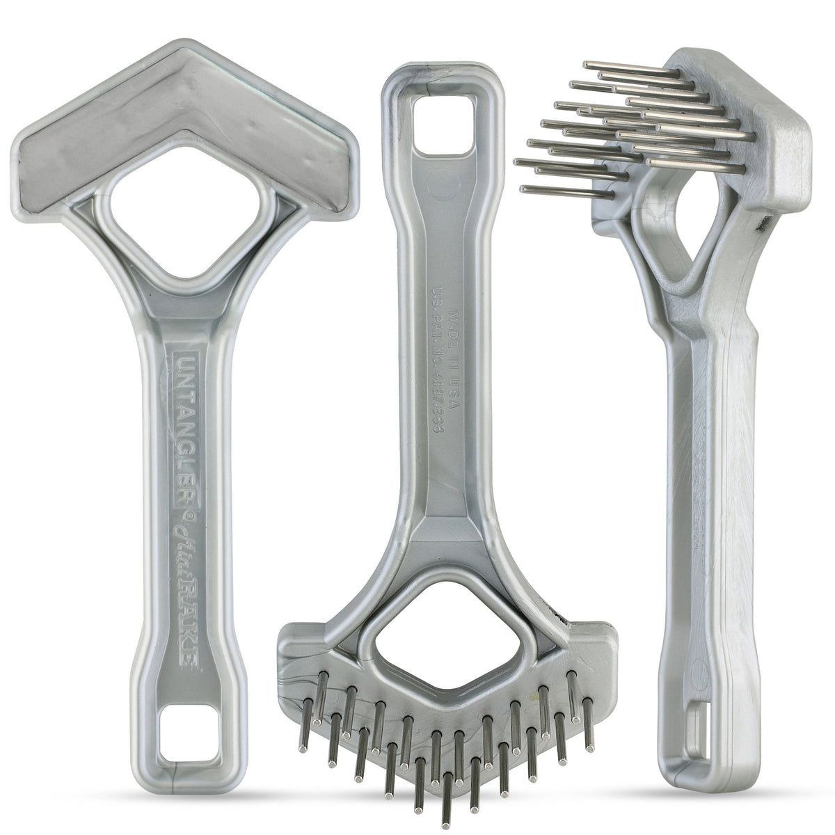 Three silver mini V-shape rakes shown from front, bottom and side angles