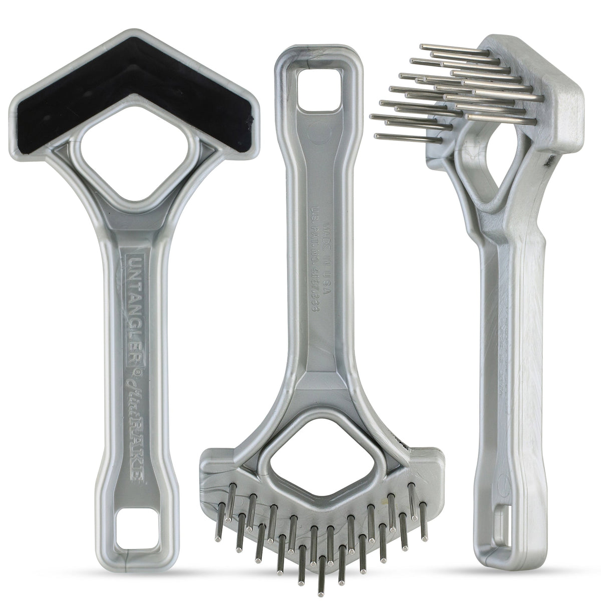 Three silver mini rakes with black top pad shown from front, bottom and side angles