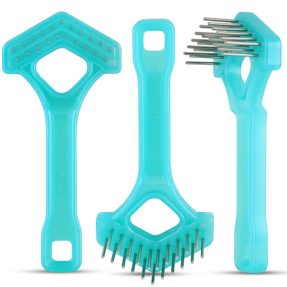 Three turquoise mini V-shape rakes shown from front, bottom and side angles with steel teeth