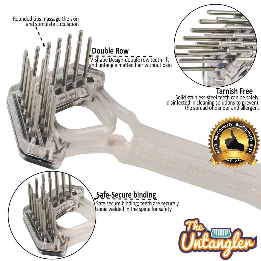 Diagram of clear mini V-shape rake highlighting double-row rotating teeth, tarnish-free steel and secure binding