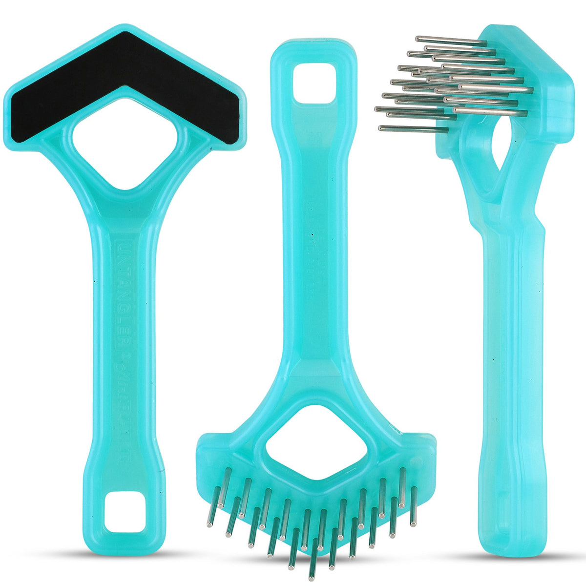 Three turquoise mini rakes with black pad shown from front, bottom and side angles