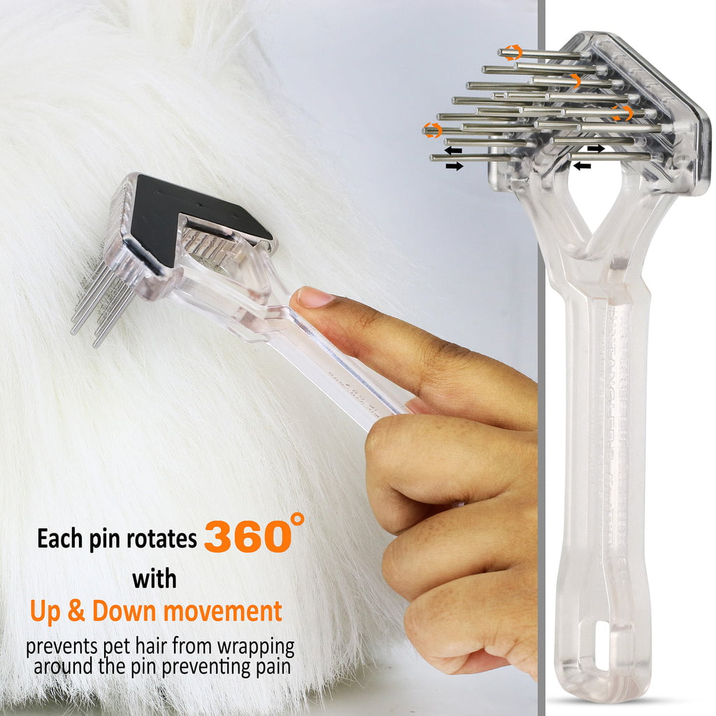 Hand holding a clear mini rake on white fur, with callout explaining each pin rotates 360 degrees