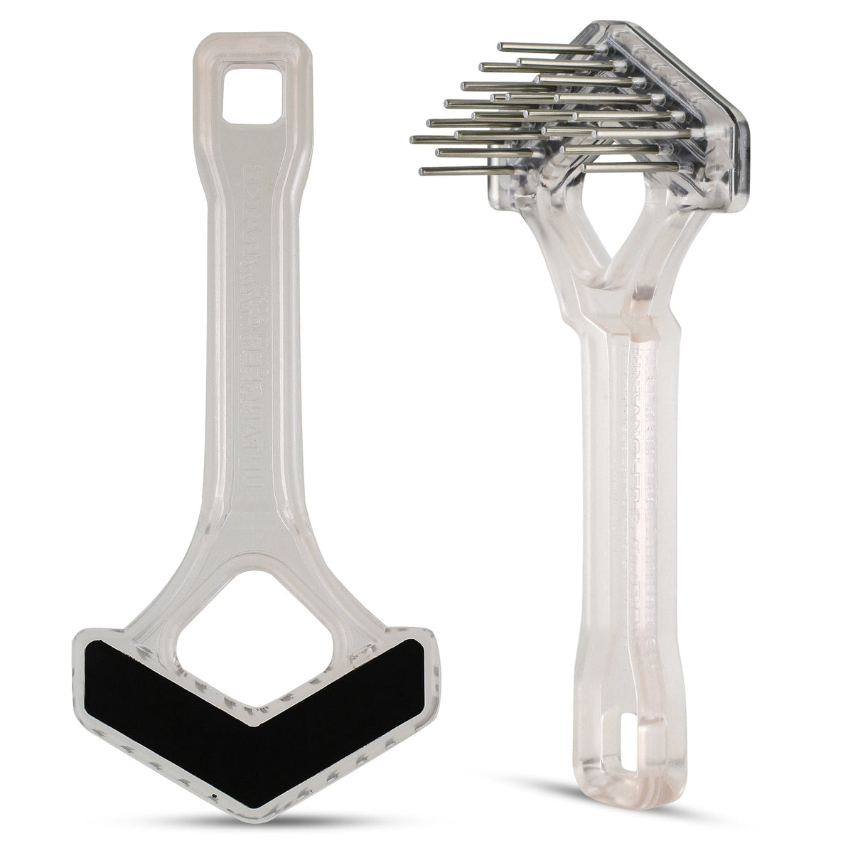 Front and back views of a clear mini V-shape rake with steel teeth and black grip pad