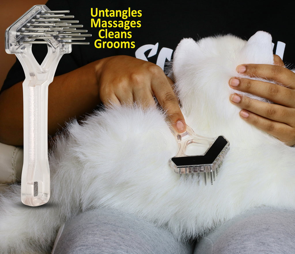Mini V-shape rake brushing a fluffy white cat, with text listing untangles, massages, cleans and grooms