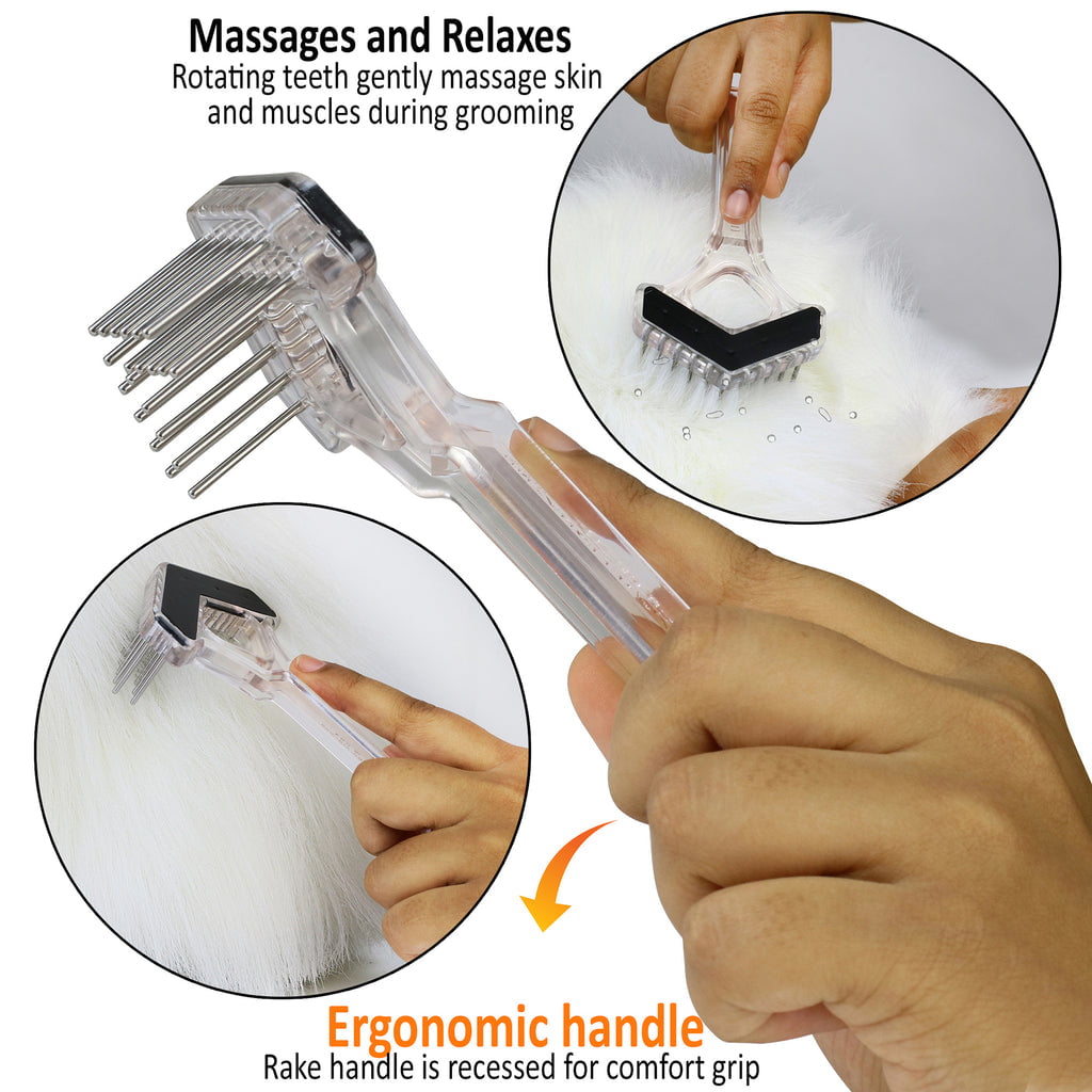 Close-up views of a clear mini rake in hand showing rotating teeth and recessed ergonomic handle