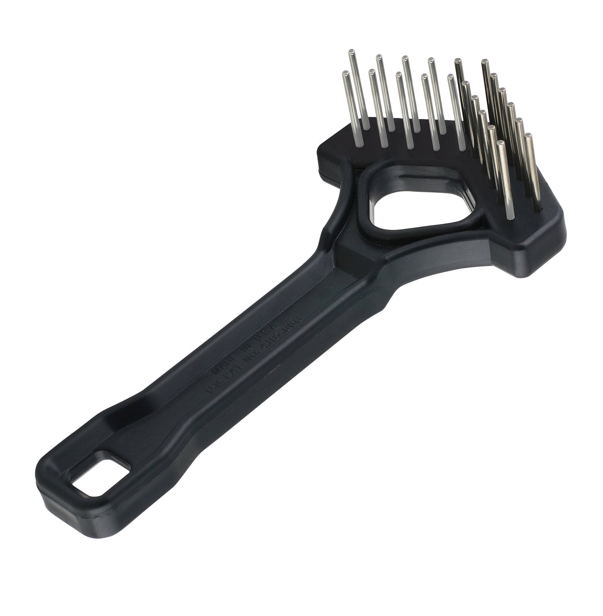 Black mini V-shape rake with double row of stainless steel teeth on white background