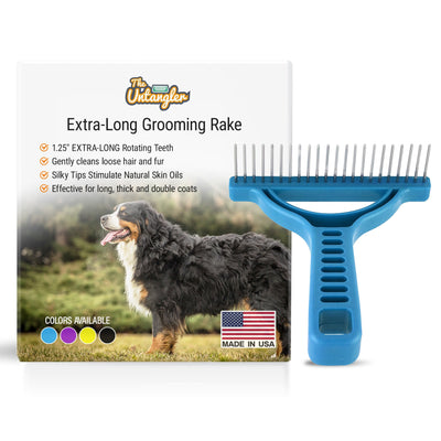 Grooming rake with extra-long stainless steel rotating teeth