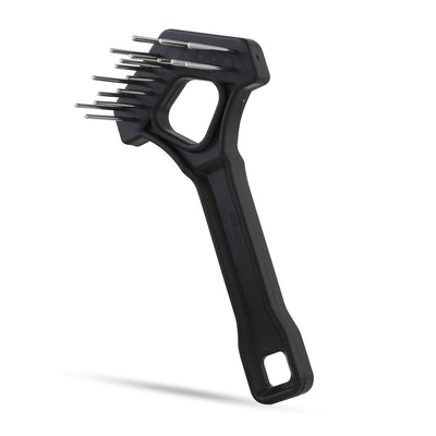 Mini shedding rake with V-shape head and dual rows of rotating teeth