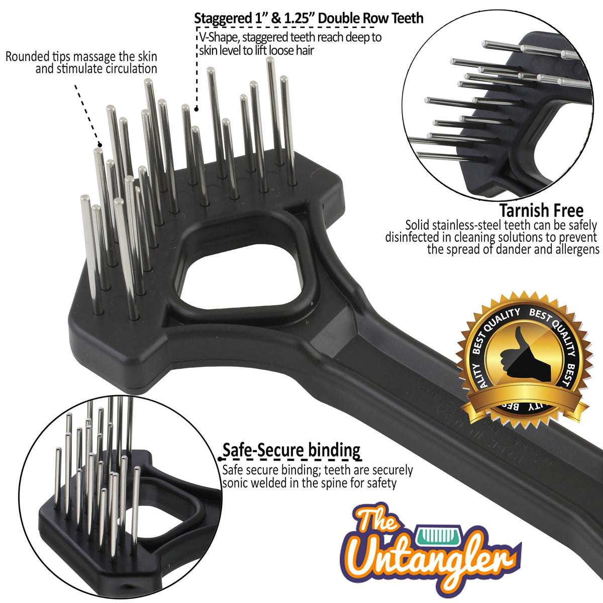 Diagram of black mini rake highlighting staggered 1 inch and 1.25 inch double-row teeth and rounded tips