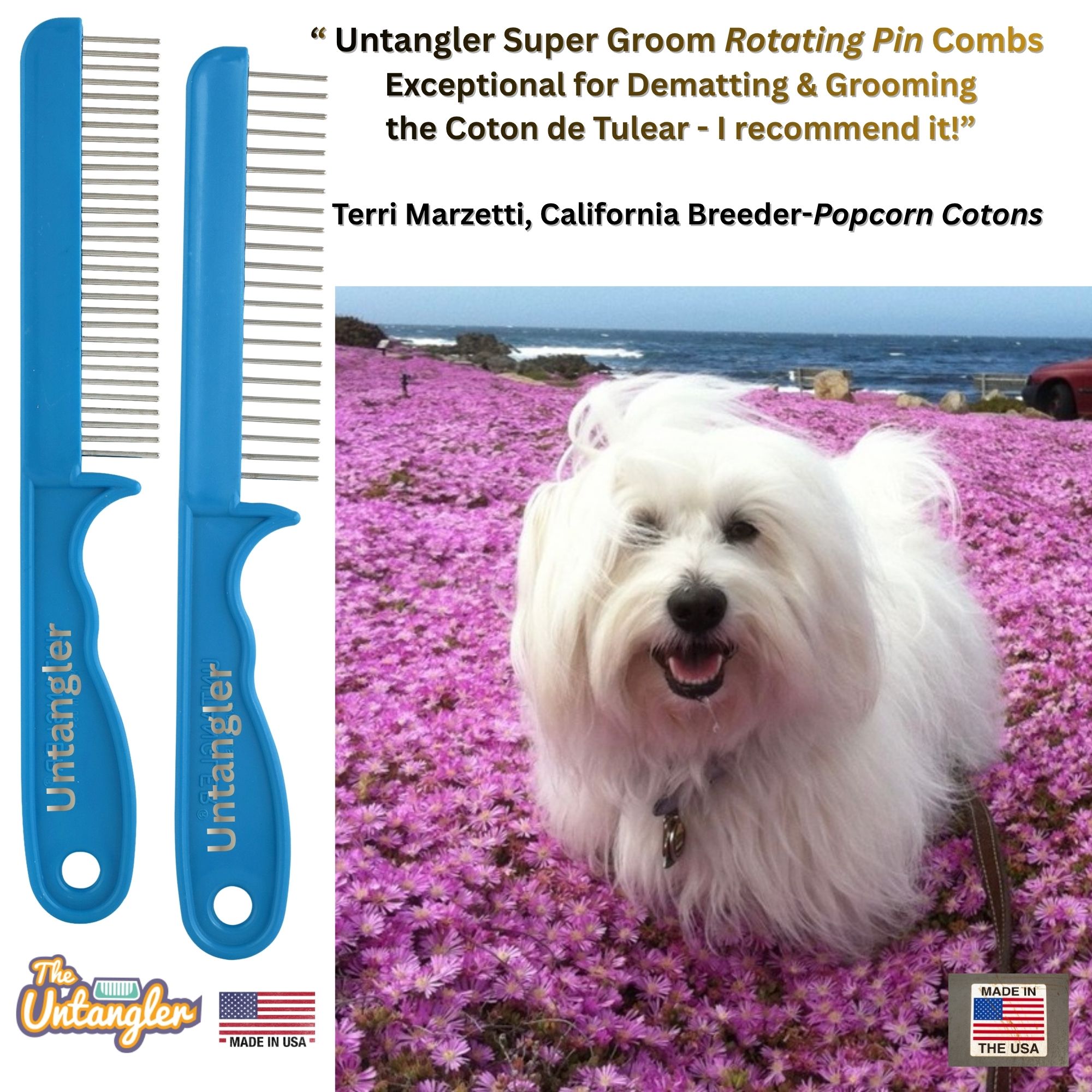Two blue Untangler combs beside a white Coton de Tulear dog in a field of pink flowers, with breeder quote