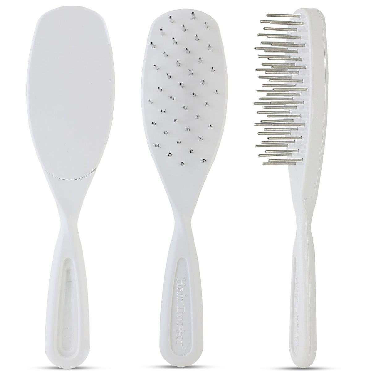 White pet brush shown from back, pin pad and side profile with steel teeth