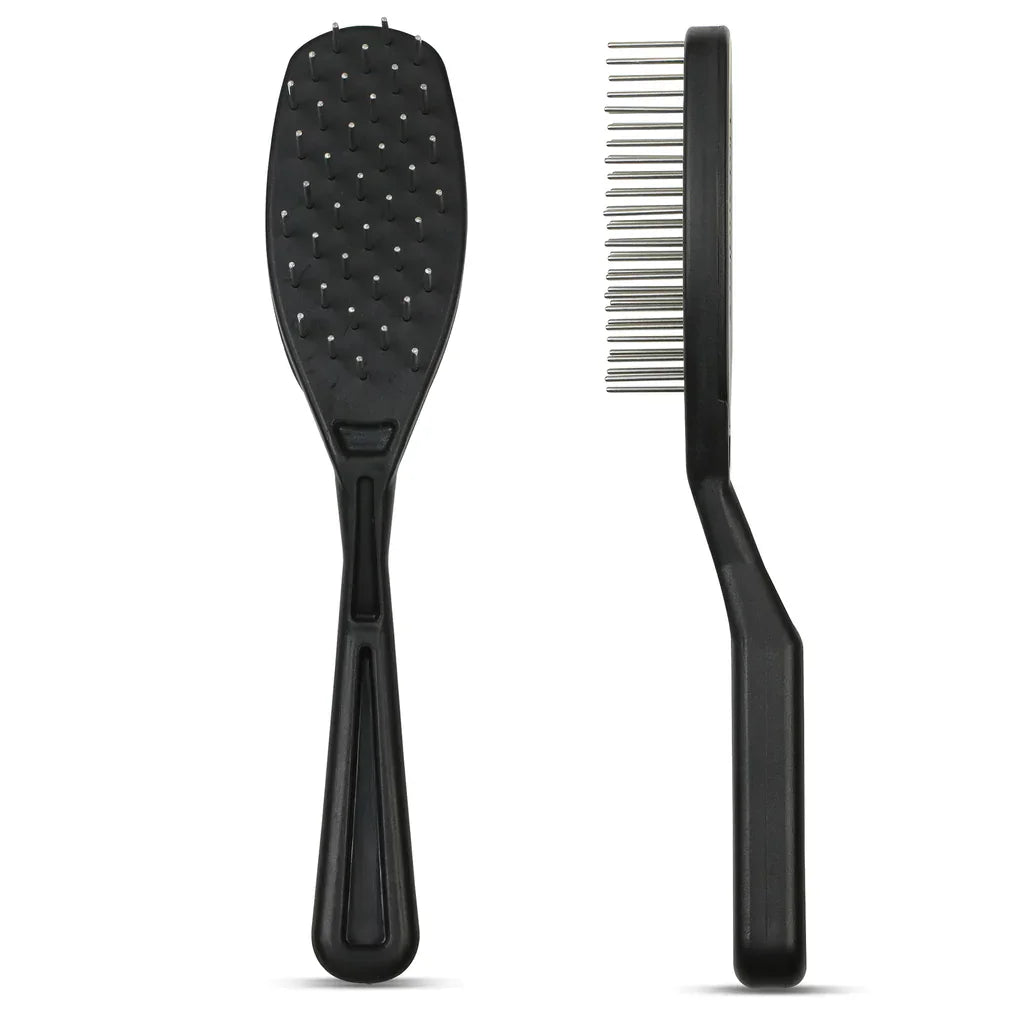 Front and side views of a black oval vented pet brush with rotating steel pins
