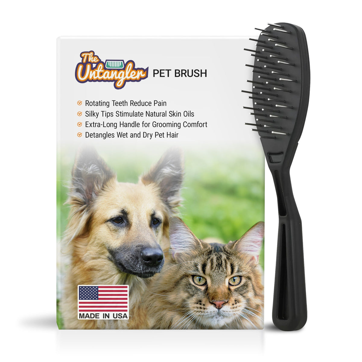 Untangler Pet Brush box with dog and cat photo, next to a black vented brush with rotating pins